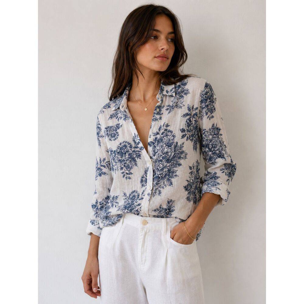 RACHEL ZOE Floral 100% Linen Button Down Shirt Small